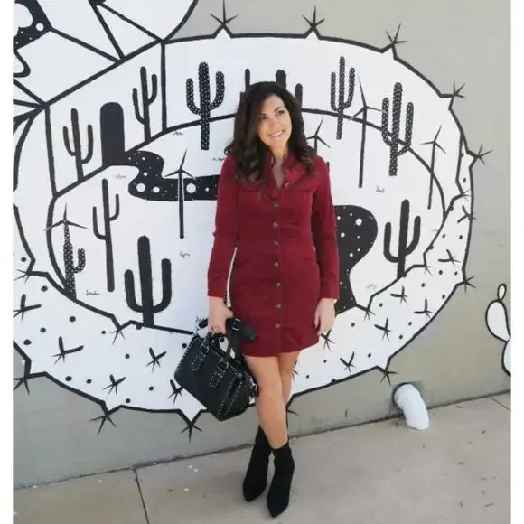 Zara Corduroy Button Down Long Sleeve Shirt Dress Red Blogger Fave Size Small - Picture 8 of 9